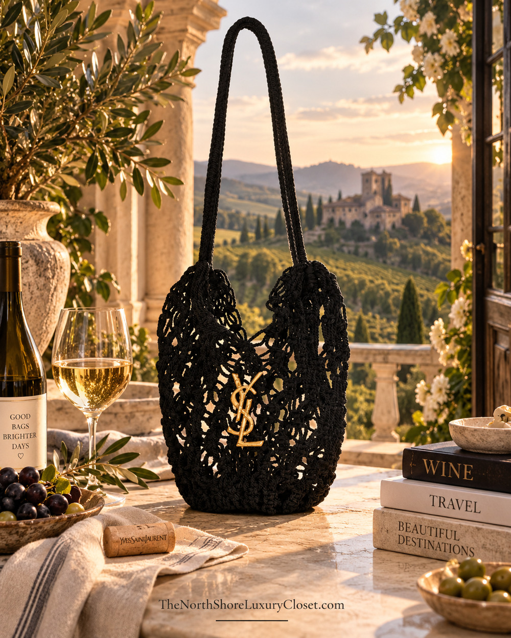 Saint Laurent Small Shopping Crochet Bag featuring gold-tone YSL logo hardware